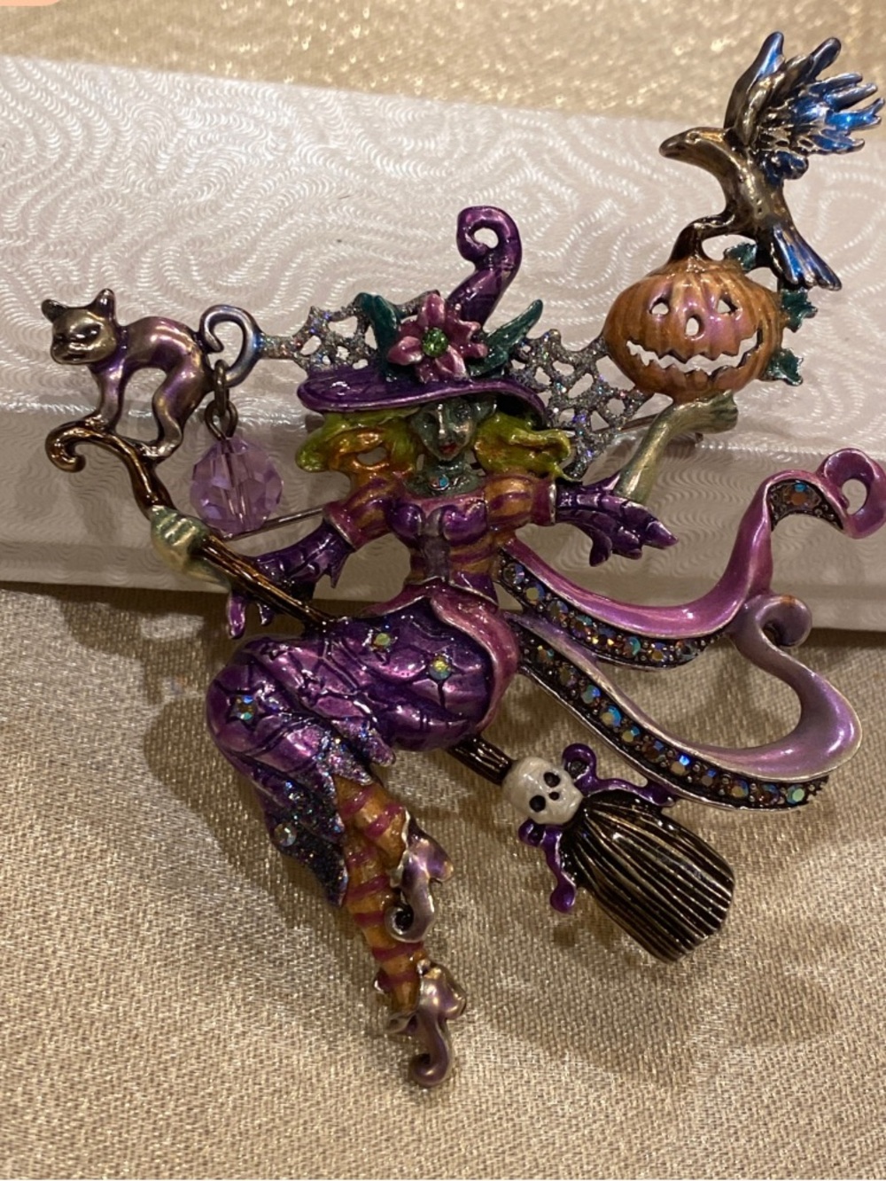 Vintage Large Kirks Folly Enamel Enchantress Witch Brooch with Pumpkin and Crow
